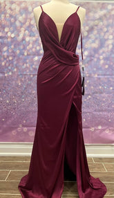 Long Fall Burgundy Wedding Guest Dresses Backless with Slit
